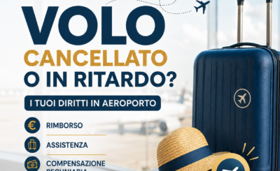 Valigia e accessori estivi in aeroporto con informazioni sui diritti del passeggero in caso di volo cancellato o in ritardo.