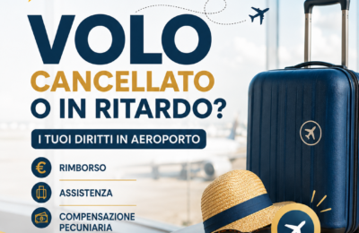 Valigia e accessori estivi in aeroporto con informazioni sui diritti del passeggero in caso di volo cancellato o in ritardo.
