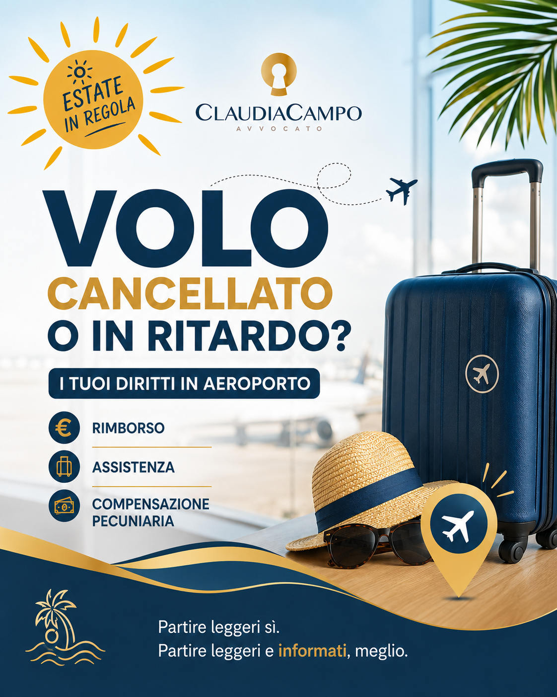 Valigia e accessori estivi in aeroporto con informazioni sui diritti del passeggero in caso di volo cancellato o in ritardo.