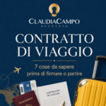 Grafica sul contratto di viaggio con valigia, passaporto e documenti, dedicata ai principali diritti del viaggiatore.