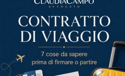 Grafica sul contratto di viaggio con valigia, passaporto e documenti, dedicata ai principali diritti del viaggiatore.