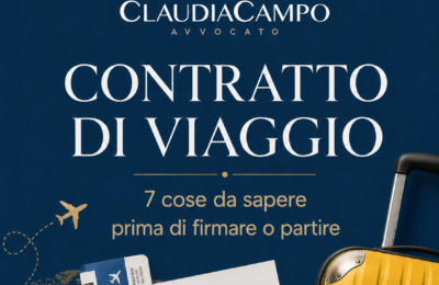 Grafica sul contratto di viaggio con valigia, passaporto e documenti, dedicata ai principali diritti del viaggiatore.