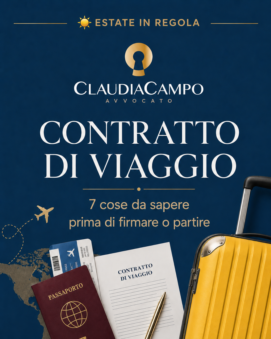 Grafica sul contratto di viaggio con valigia, passaporto e documenti, dedicata ai principali diritti del viaggiatore.